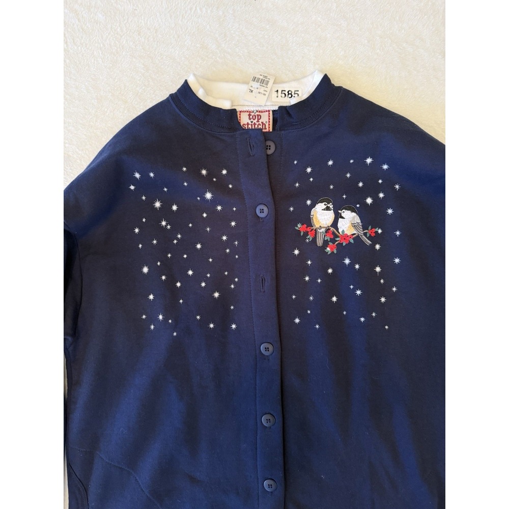 Vintage Top‎ Stitch Cardigan XL Navy Embroidered Birds Snow Christmas Winter NWT